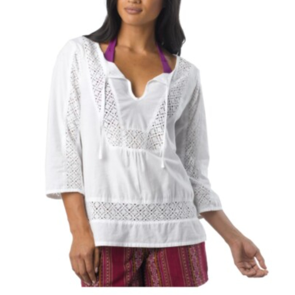 Prana White Crochet Knit Organic Cotton 3/4 Sleeve Peasant Blouse Size XSmall